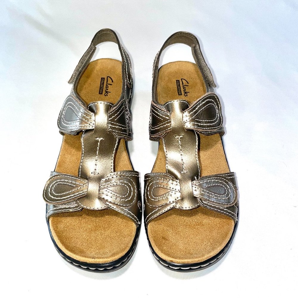 NWOT Clarks Collection Wedge Sandals Metallic Bronze Hook/Loop Backstrap US 10 - Picture 2 of 9